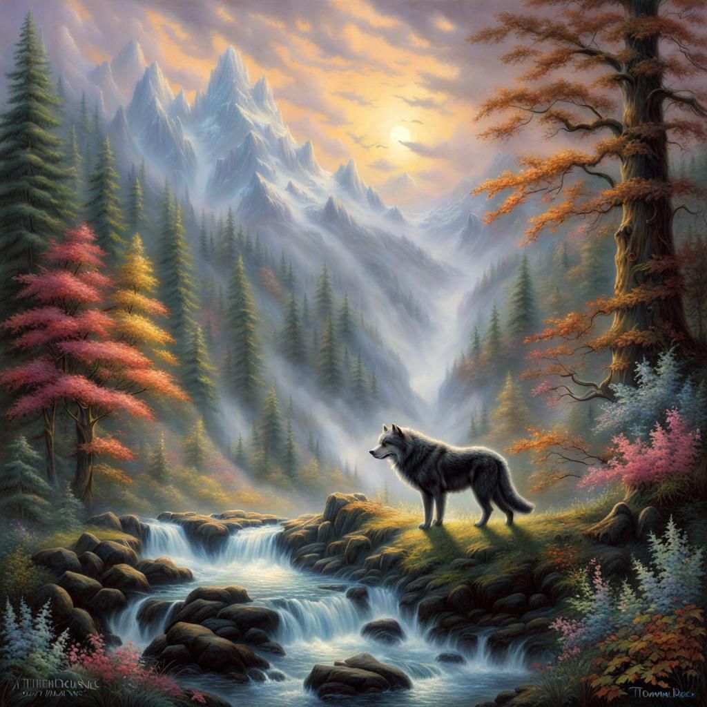 Ethereal Dire Wolf in Misty Fantasy Landscape