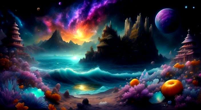 Nebula Shores with Iridescent Crystals in Art Nouveau Style