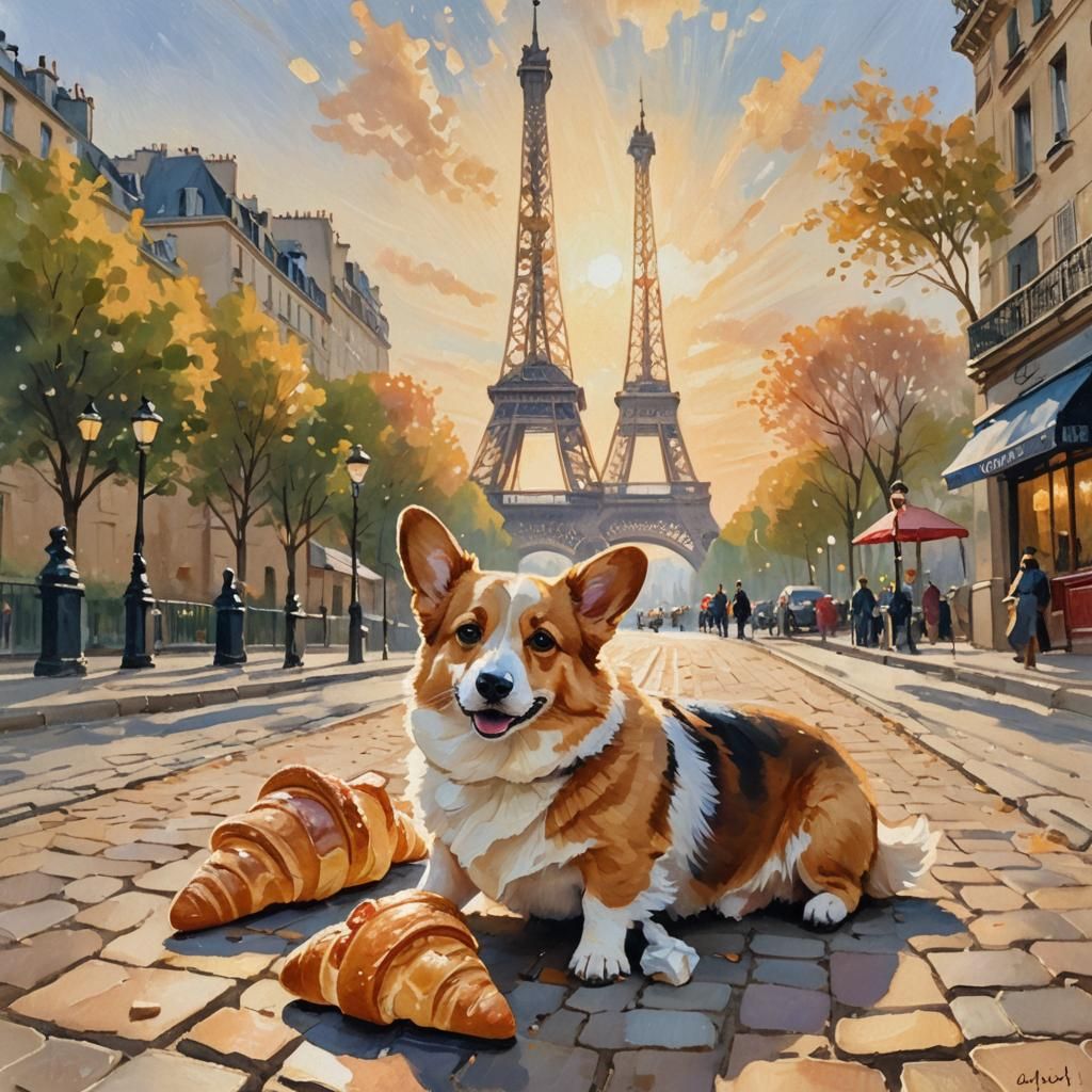 Corgi's Parisian Pastry: An Impressionist Scene