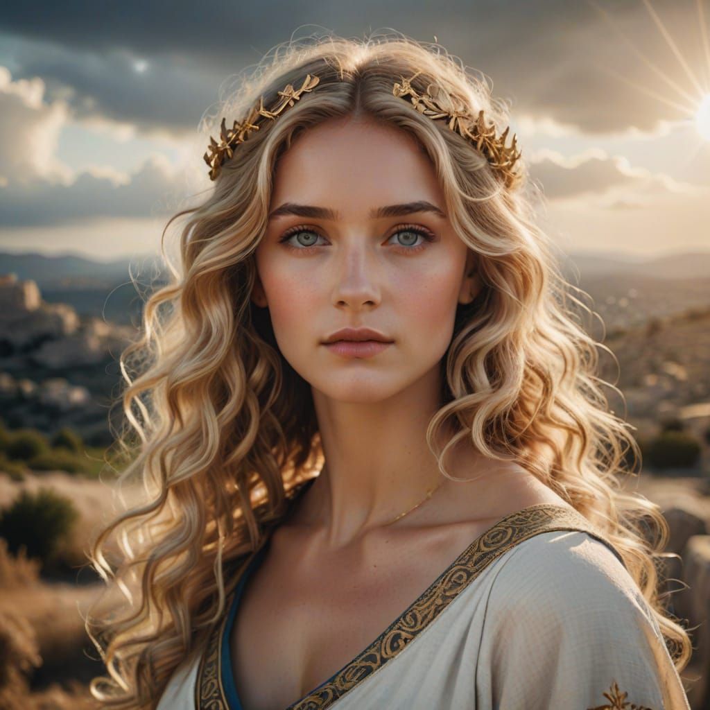 Radiant Woman in Greek Dress in Divine Light