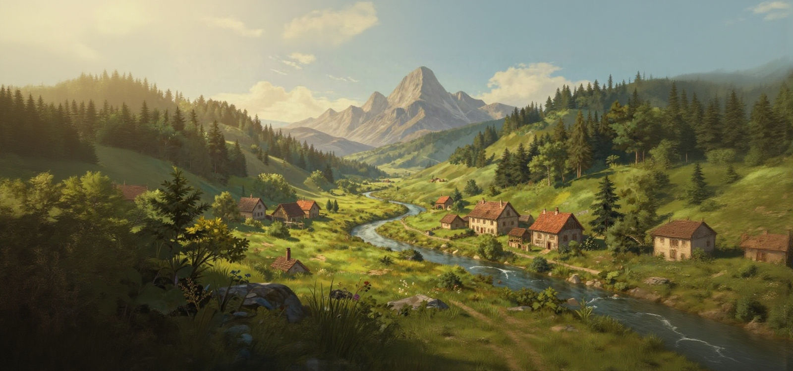 Medieval Village by Verdant Forest and Mountains
