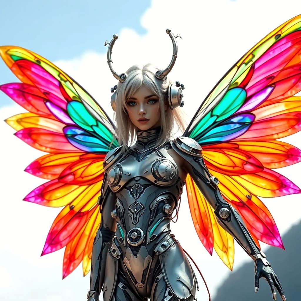 Cyberpunk Faerie with Vibrant Plastic Wings and Metallic Imp...