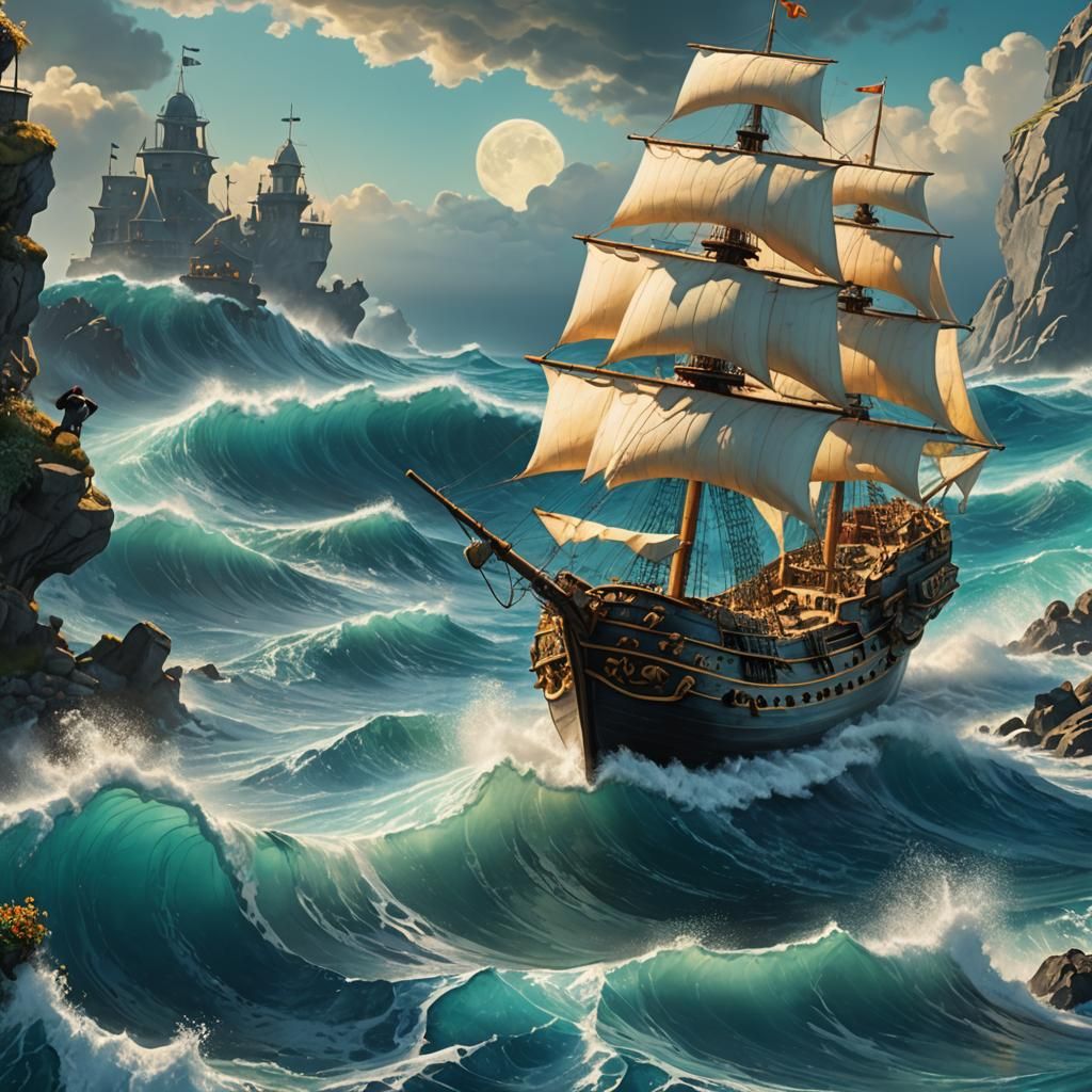 Pirate Ship Seascape in Surreal Baroque Style