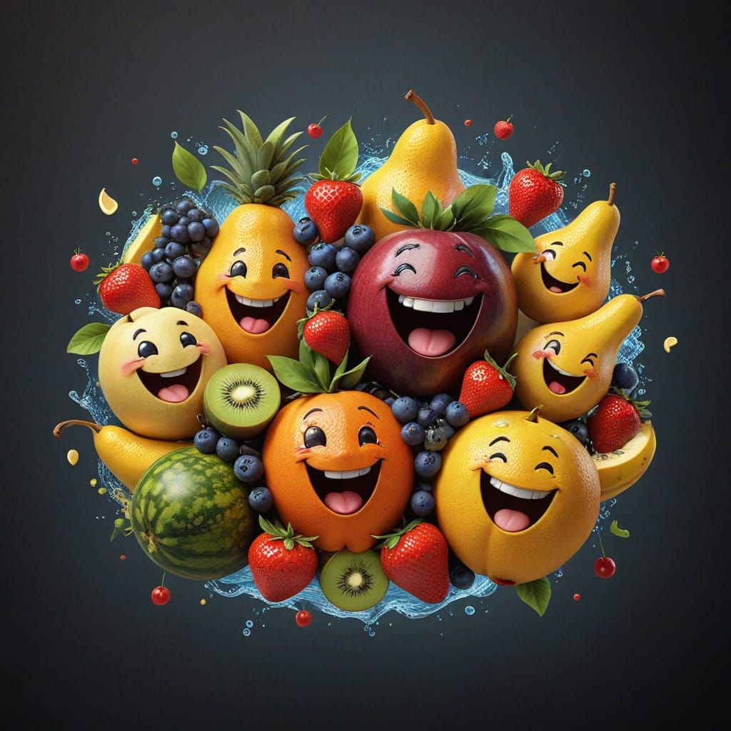 Realistic mixed media Mixed fruits with happy smiling faces singing and dancing