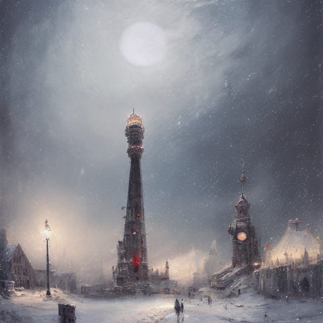 Magical Snowstorm Over North Pole Tower