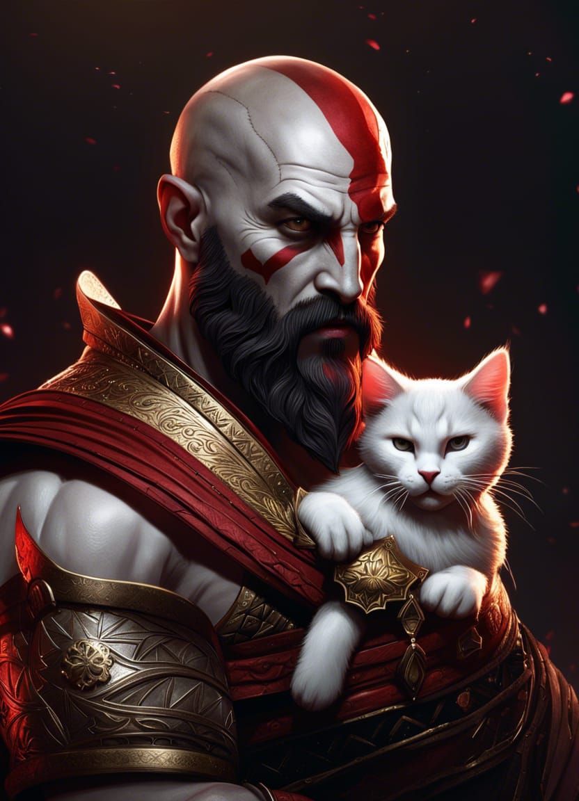 Kratos with Kitty Head: Ornate Hyperrealistic Portrait