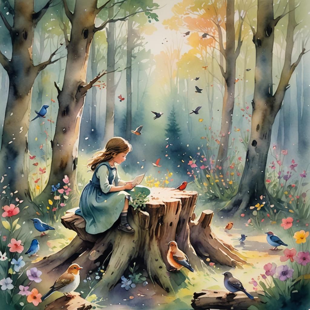 Girl and Birds in Whimsical Watercolor Forest