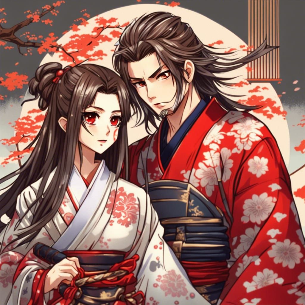 Anime Girl in Kimono Fighting with Sword