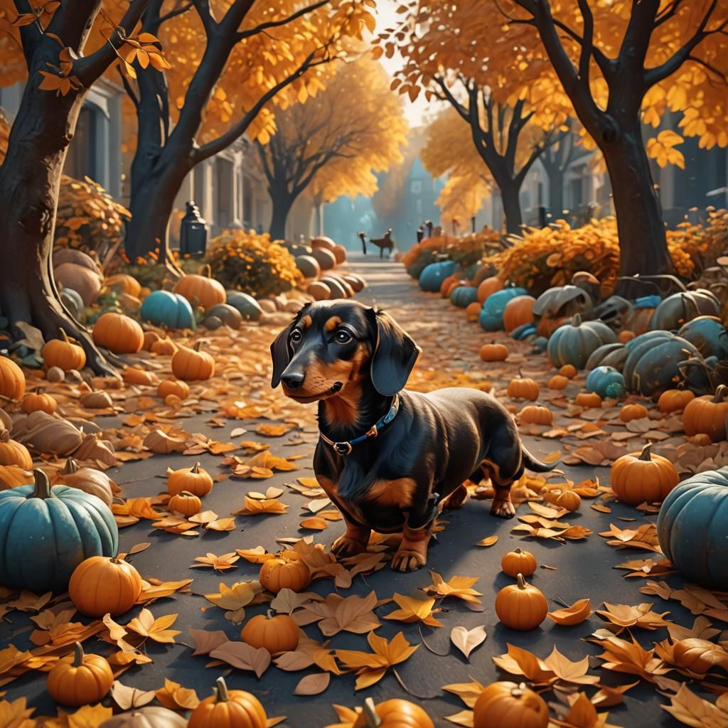 Dachshund Playing in Autumn Leaves: Digital Matte Painting