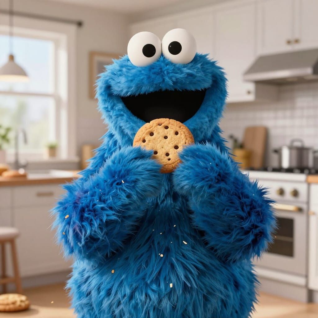 Photorealistic Cookie Monster in Modern Kitchen