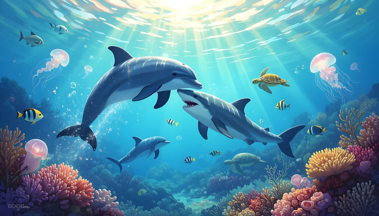 Dolphin's Heroic Defense at Coral Reef: Impressionist Style