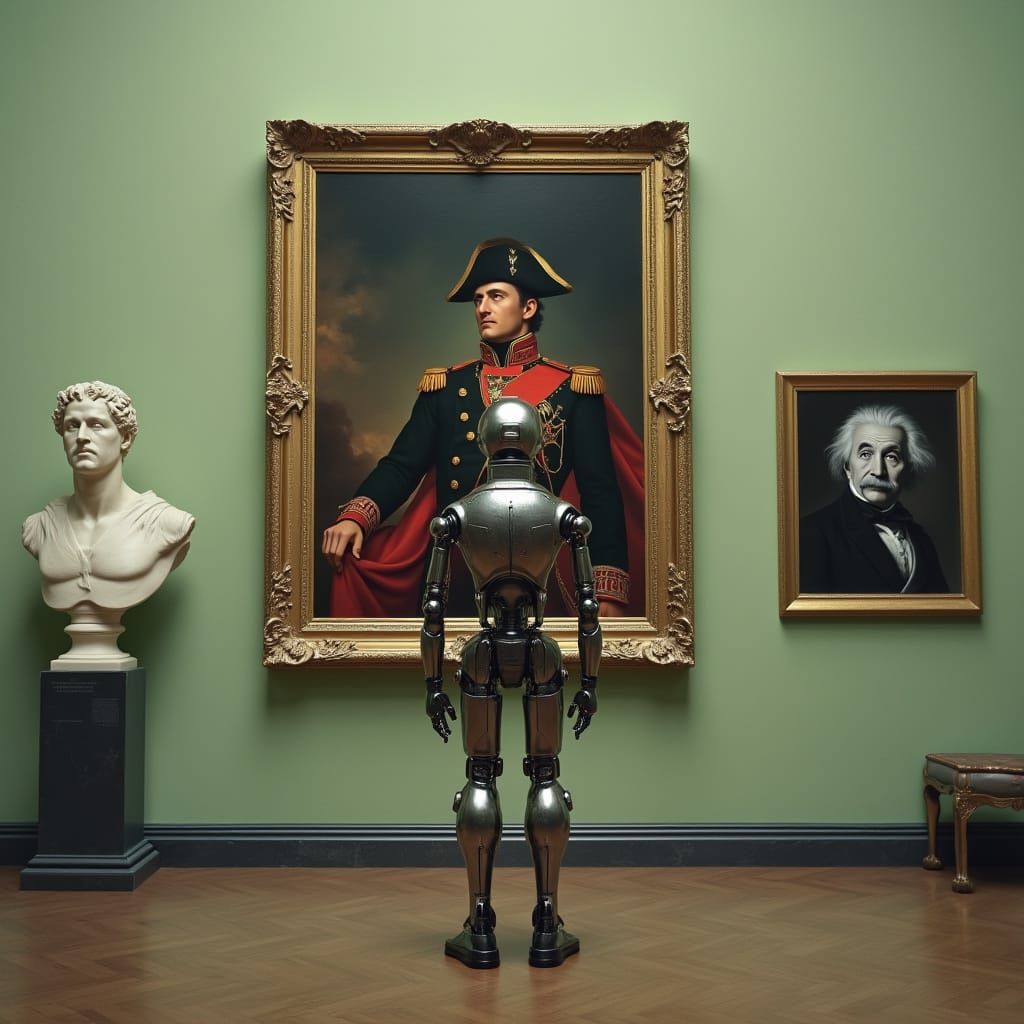 Robot Frames Napoleon Portrait in Hyperrealistic Museum Art