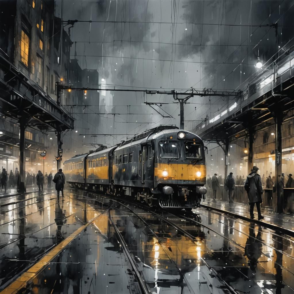 Night Train Station in Gouache Watercolor