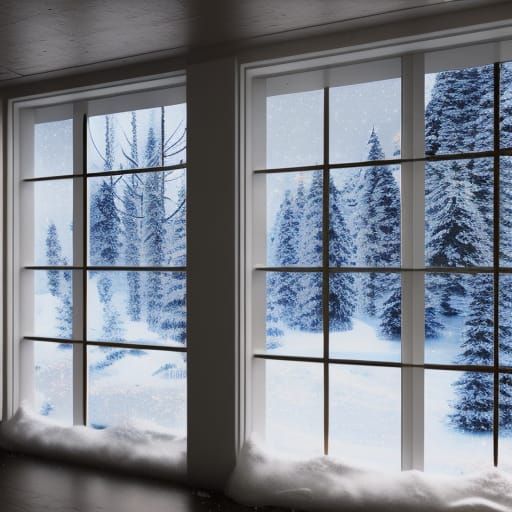 Glowing Christmas Fireplace in Snowy Window