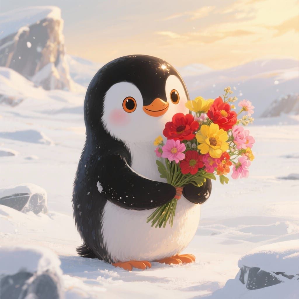 Charming Penguin Holding Colorful Flowers in Snowy Landscape
