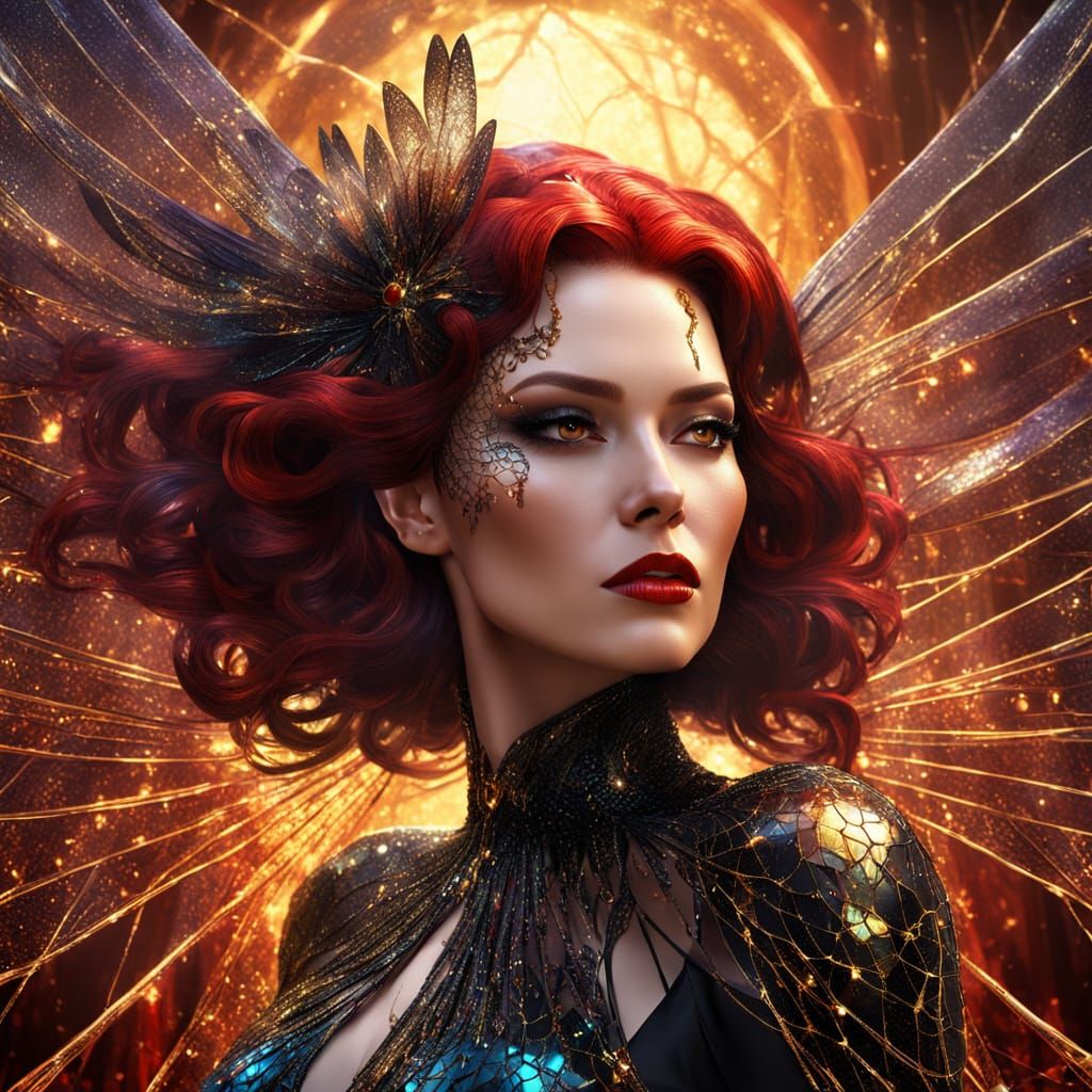 Black Widow Woman Flies in Crystal Web: Digital Art