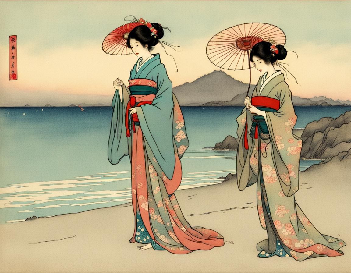 Japanese Women by the Sea, Vintage Illustration
