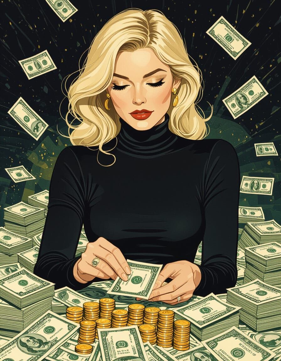 Greed: Woman Counting Money in Art Deco Style