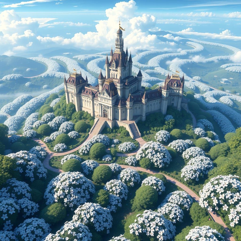 Infinity Castle Landscape with White and Black Flowers
