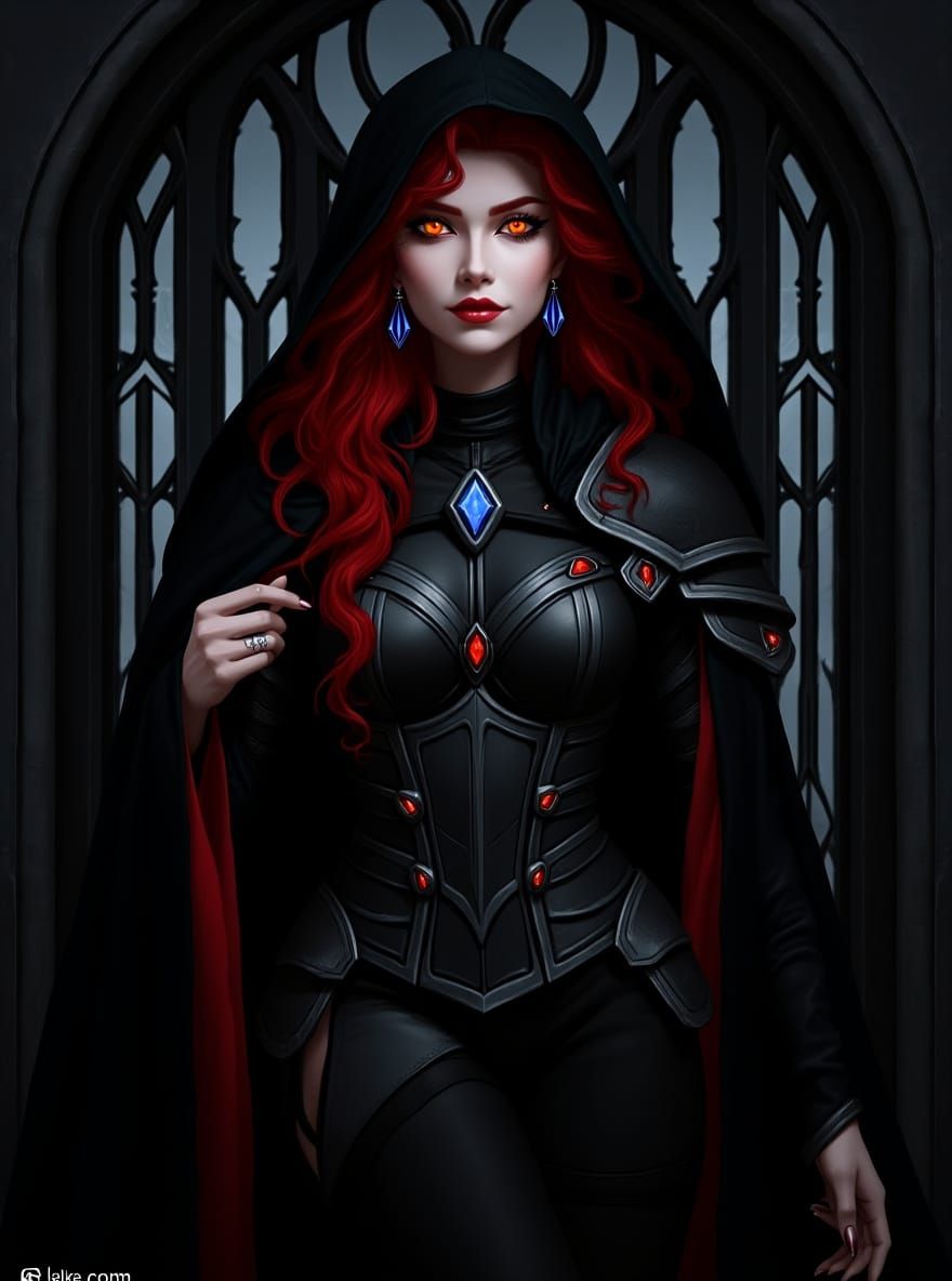 Anime-style portrait of a confident woman with glowing red-orange eyes, long wavy crimson red hair, and porcelain skin. ...