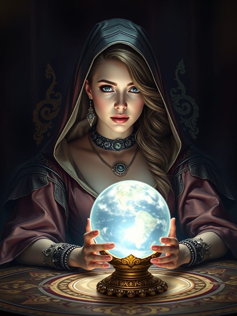 Seeress with Crystal Ball in Hyperrealistic Style