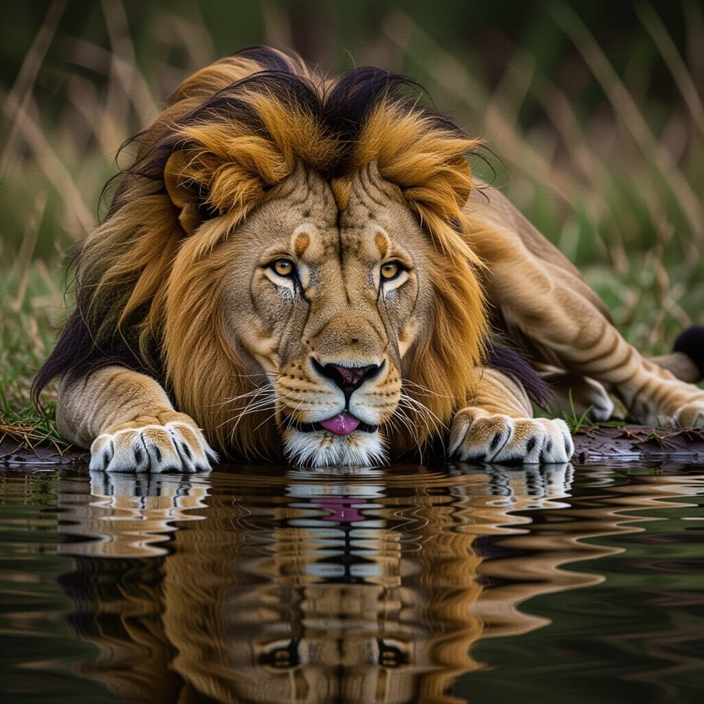 Realistic Lion Drinking Water Reflecting Like Mirror