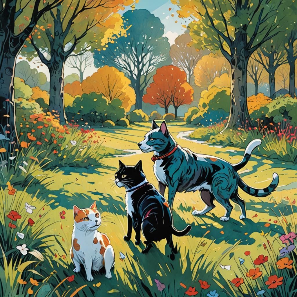 Playful Cat and Dog in Comic Book Style