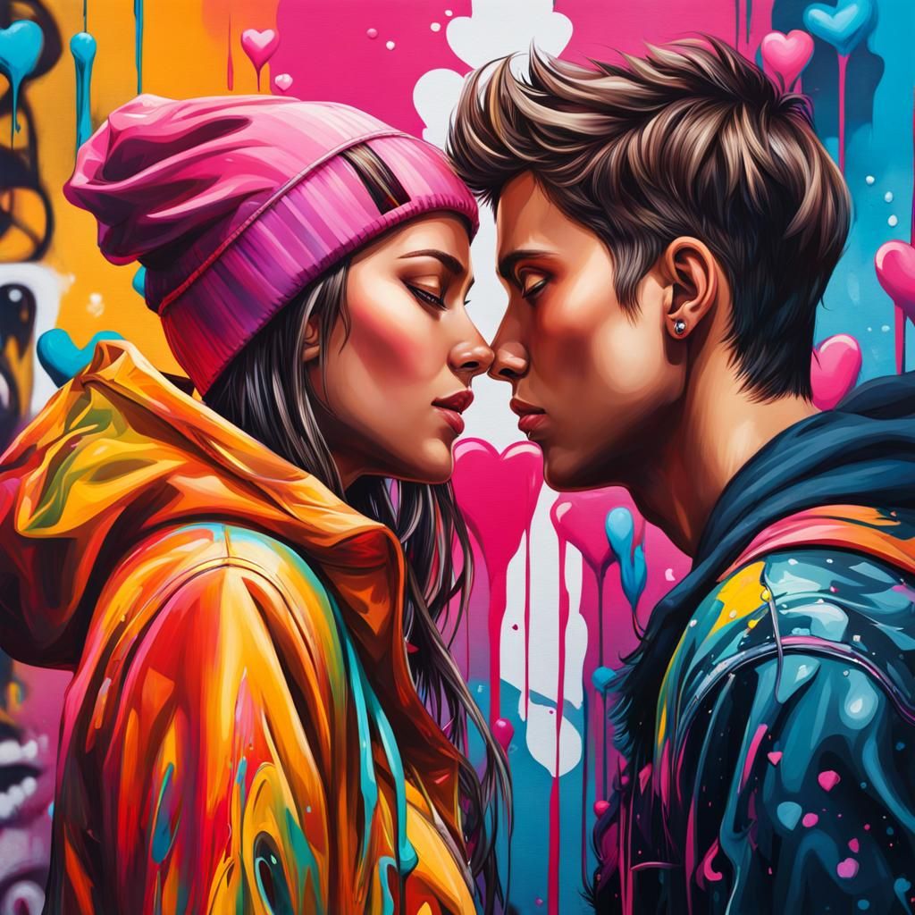 Teenage Couple in Love, Graffiti Art Style