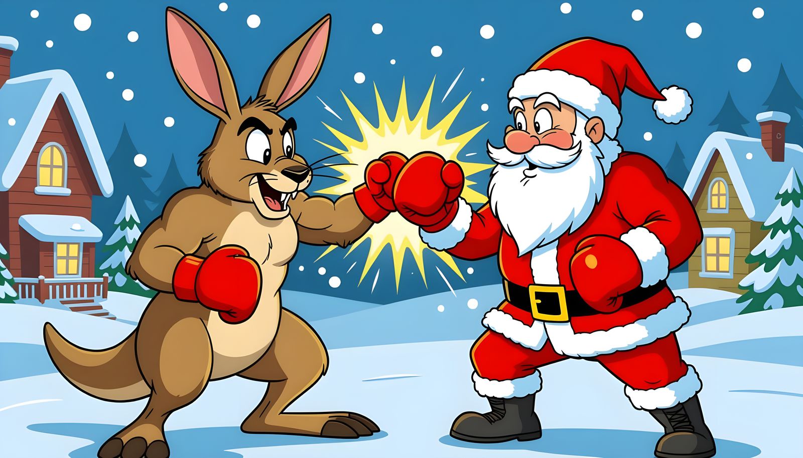Boxing Kangaroo Fights Santa Claus in Cartoon Style