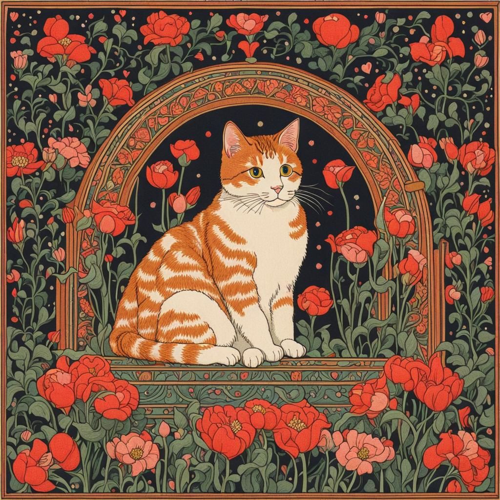 Cute Cat Surrounded by Flowers in Art Nouveau Style