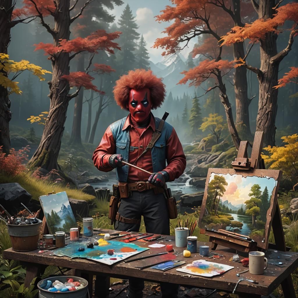 Deadpool as Bob Ross: Detailed Matte Painting