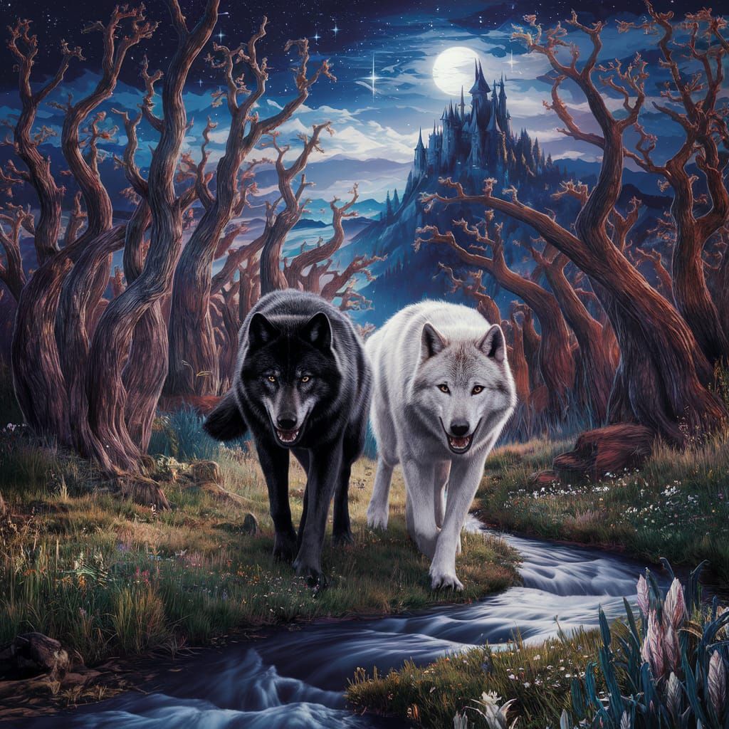 Wolves in Enchanted Forest: Matte Painting Style