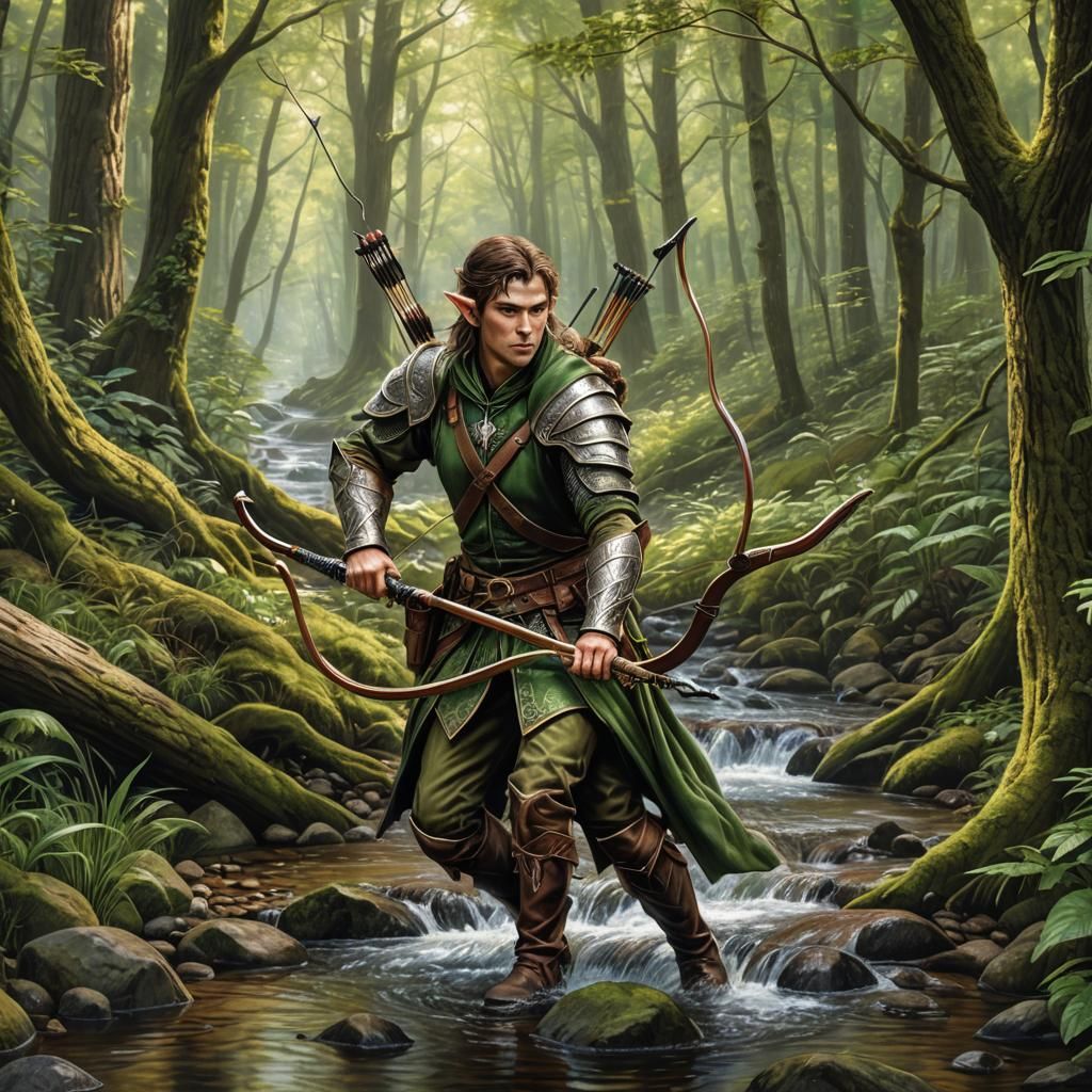 Half-Elf Ranger in Forest: Colored Pencil Drawing