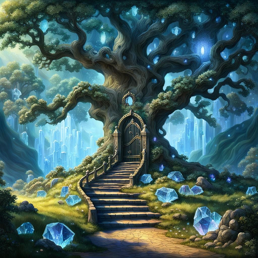 Crystal Portal Under Ancient Oak Tree