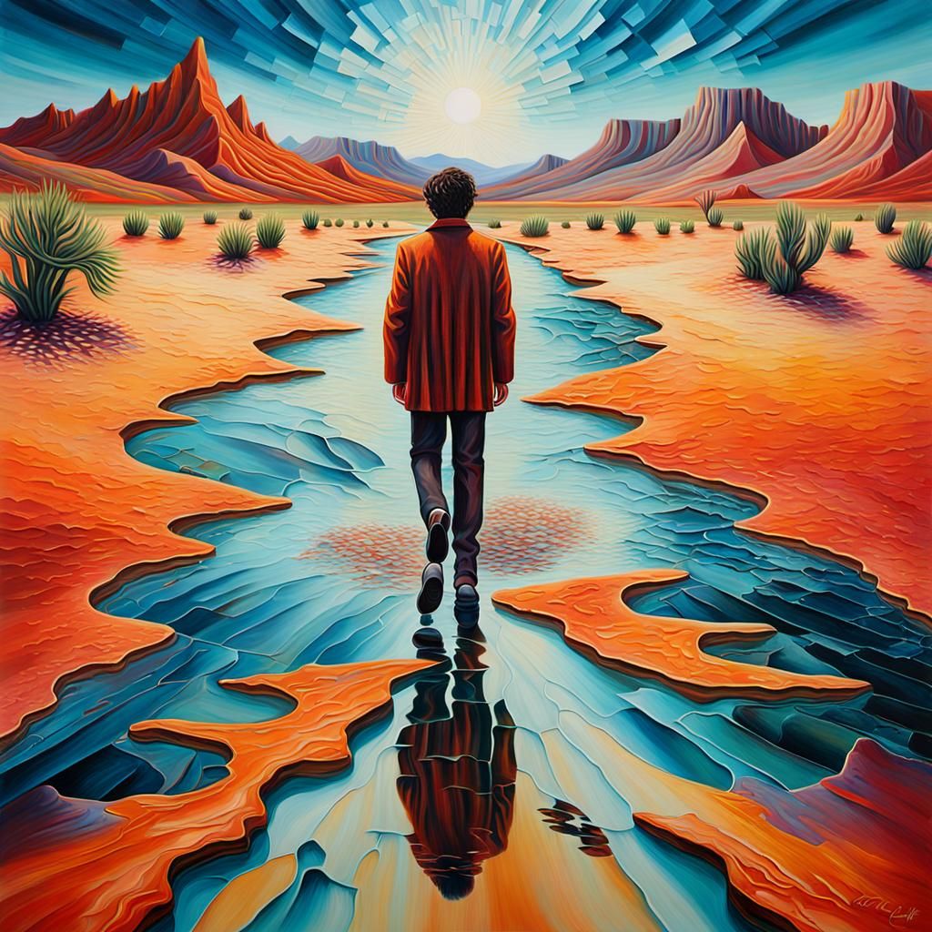 Surrealist Figure Adapts to Dreamlike Desert Landscape