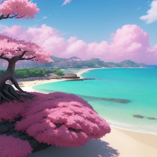 Bonsai on Pink Beach: 3D Anime Art