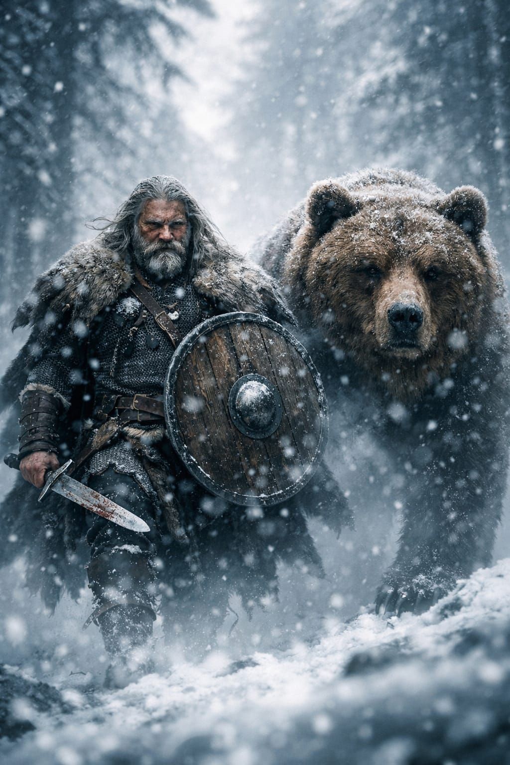 Viking Warrior and Bear in Snowy Forest