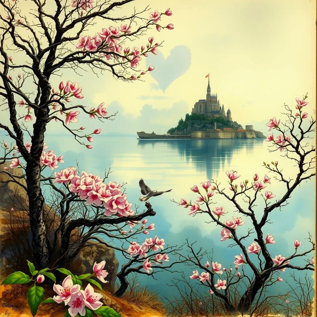 Dreamy Bay of Mont Saint Michel in Watercolor and Ink Style