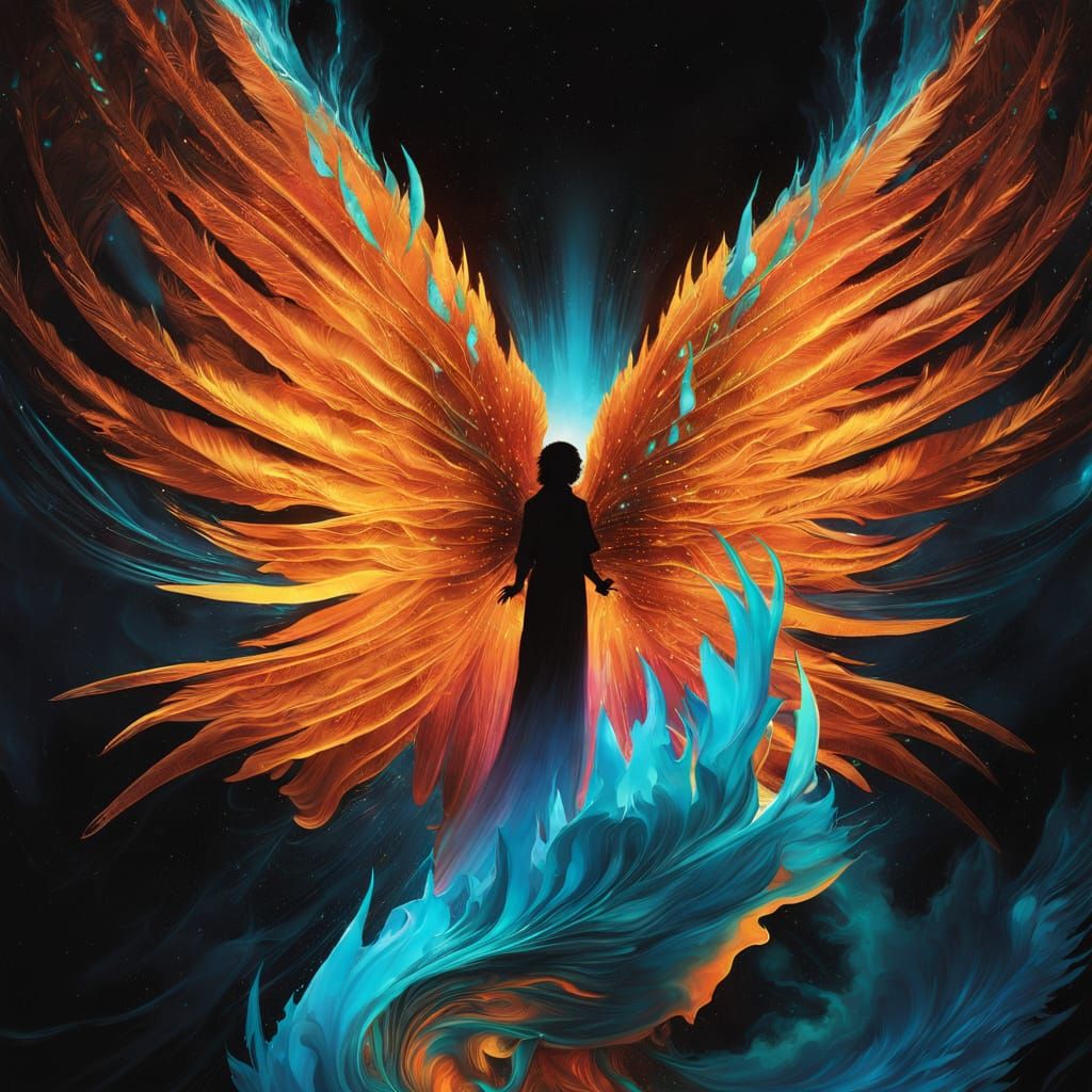 Angel Silhouette in Swirling Iridescent Shadows with Radiant...