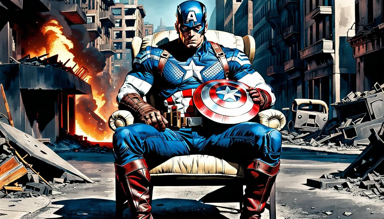 Desperate Captain America in Destroyed City, Comic Art