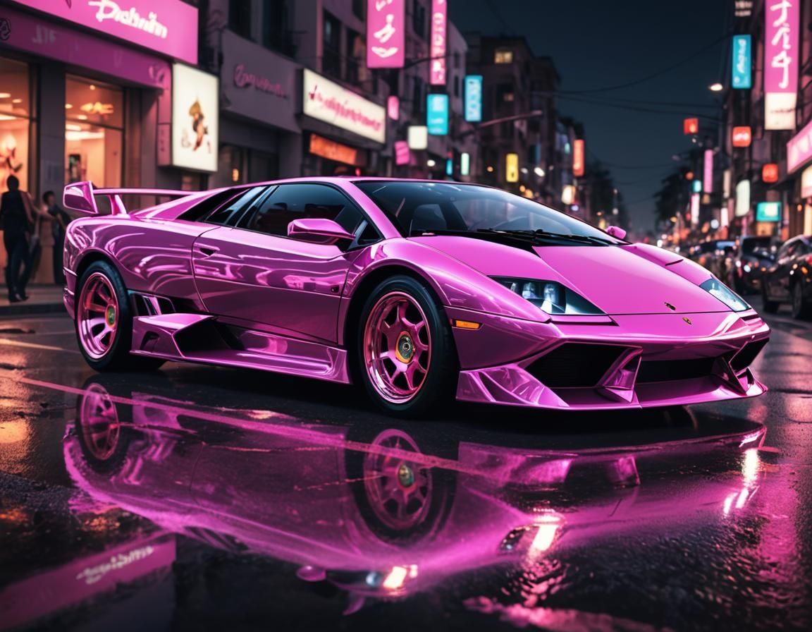 Pink Lamborghini Diablo in Neon Cyberpunk Art