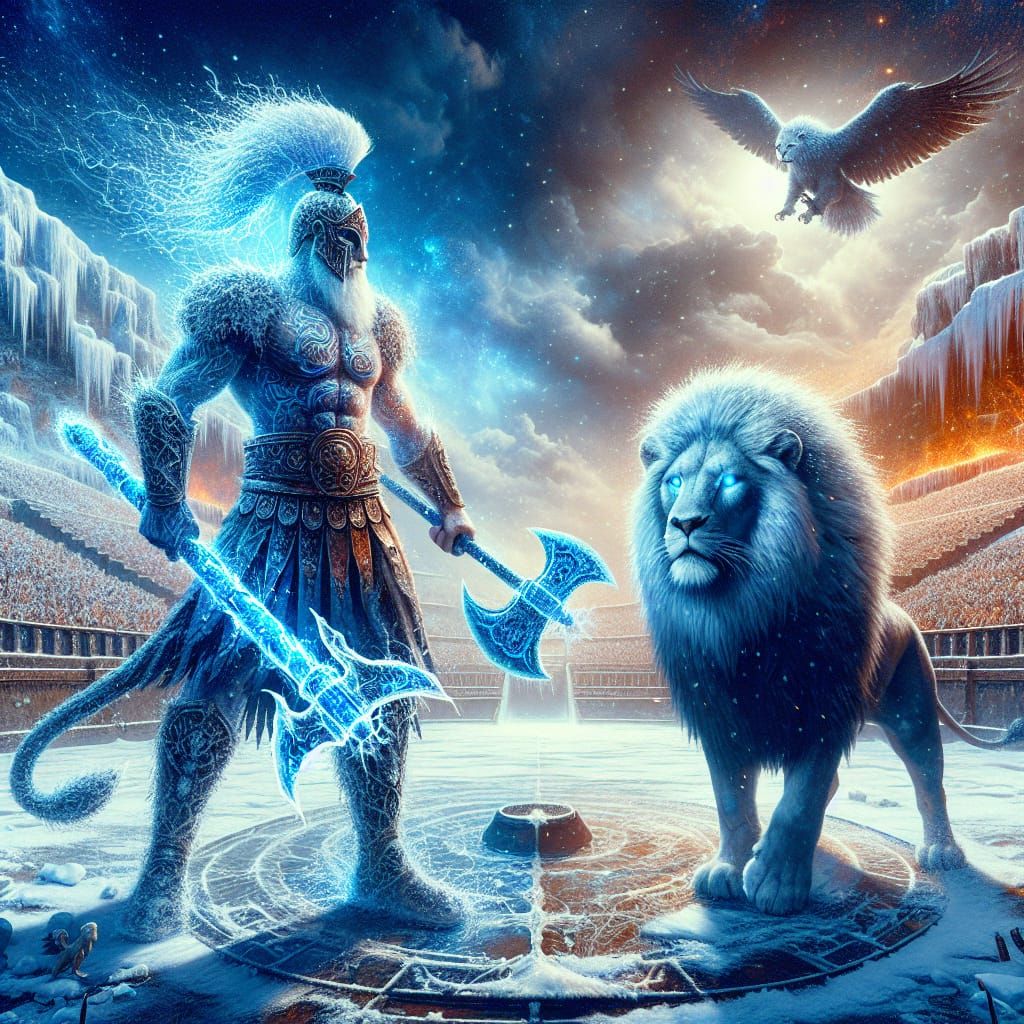 Gladiator and Lion Duel in Winter Arena