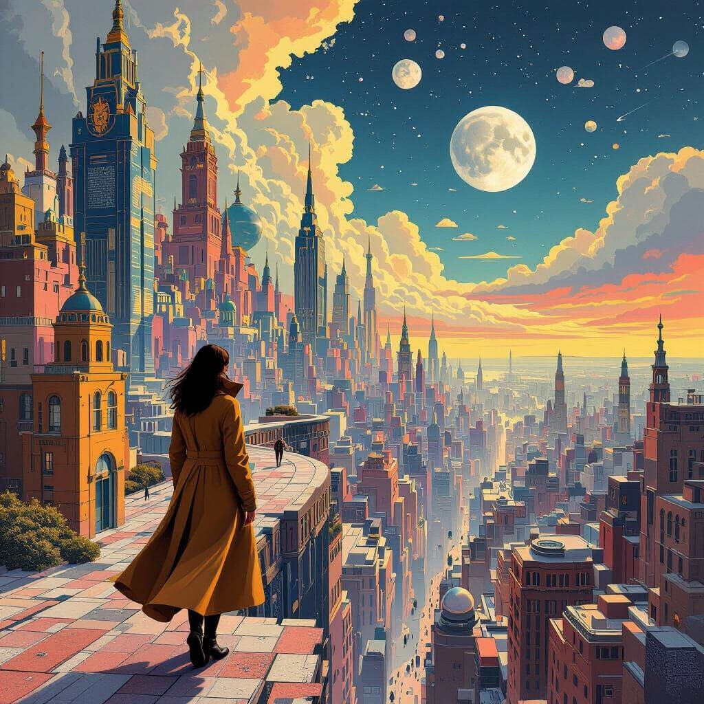 Surreal Cityscape with Woman in Dreamlike Style