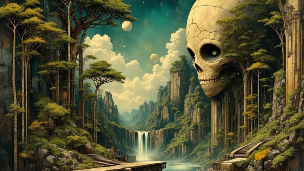 Jungle Planet Canyon with Alien Face, Noir Style