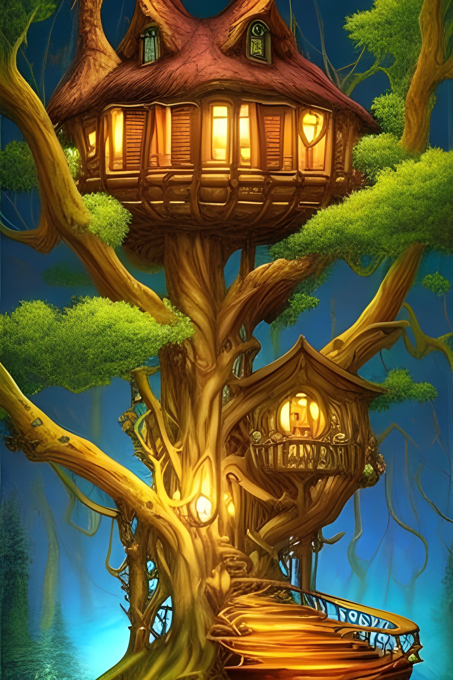 Glowing Whimsical Treehouse in the Dark: Digital Art