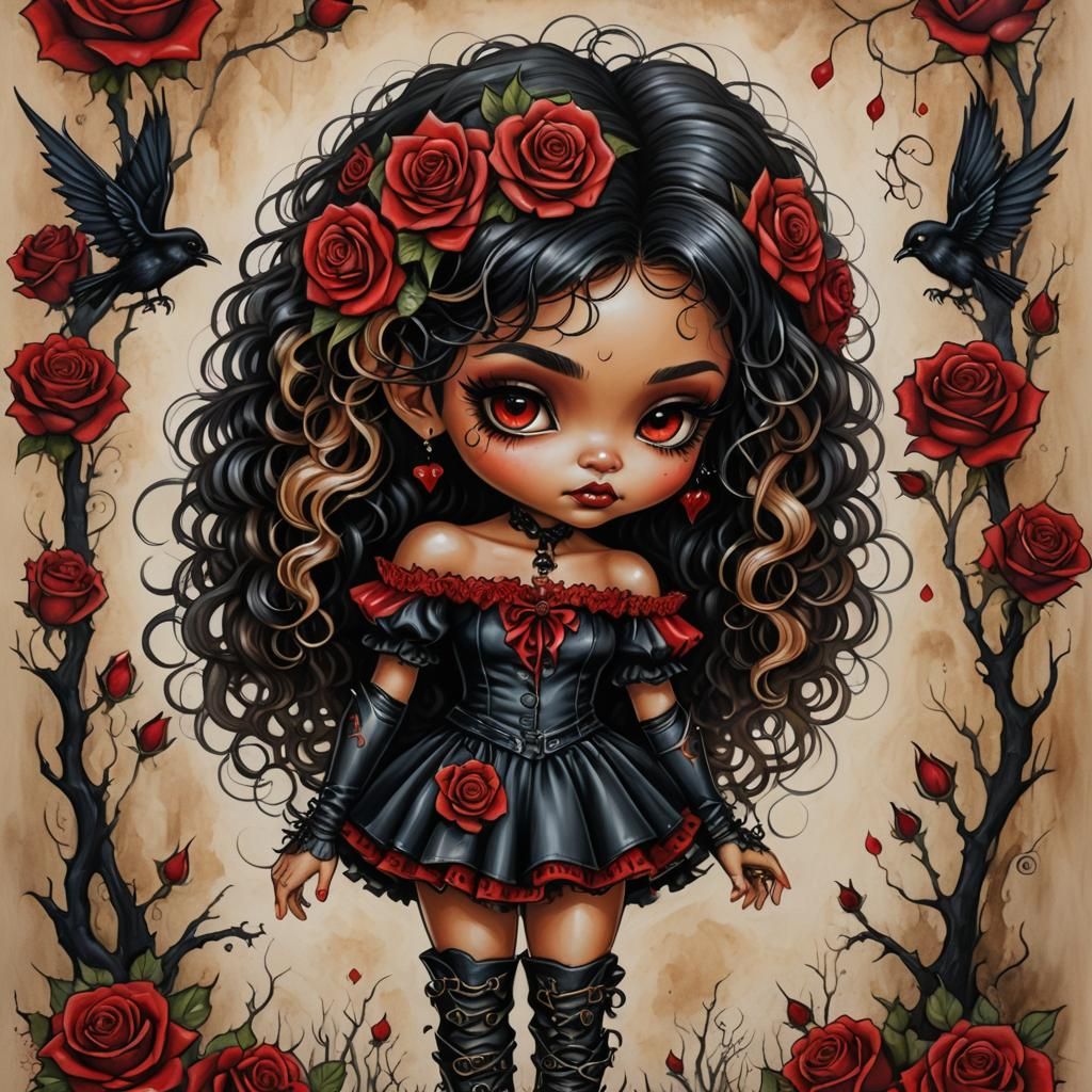 Latina Gothic Fairy Chibi Caricature in Neon Ink Style