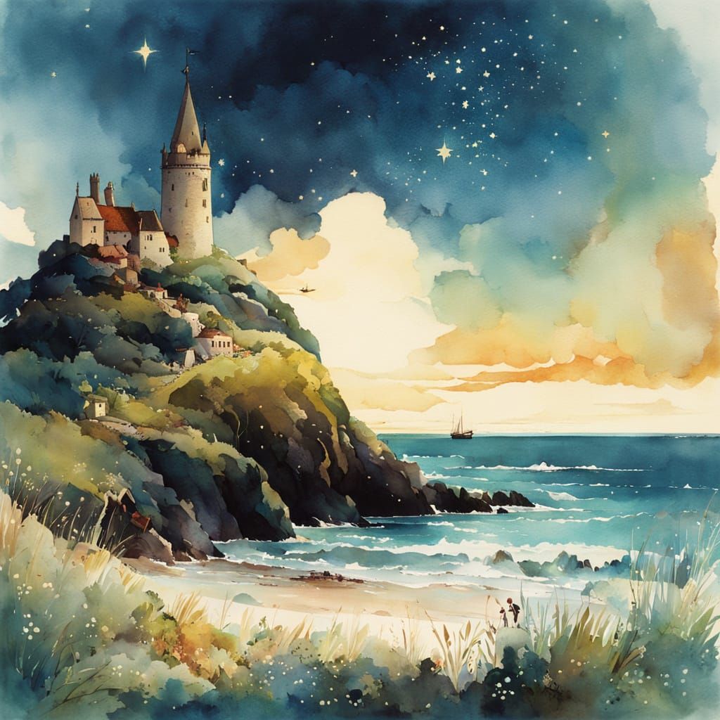 Medieval Seashore Castle Under Starry Sky