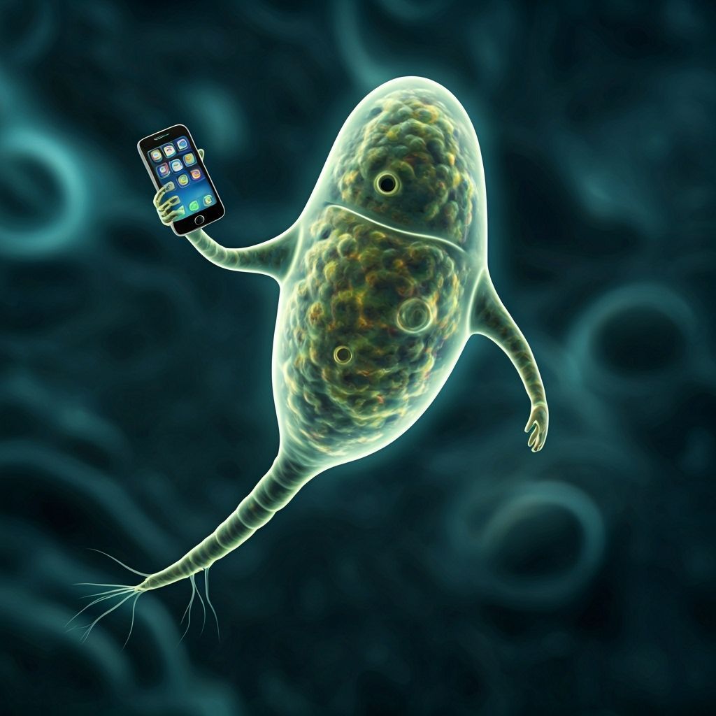 Paramecium Organism in Suit with Mobile Phone