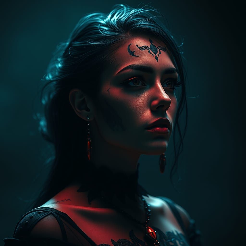 a beautiful, alluring, mysterious  gothic woman, facial tatt...