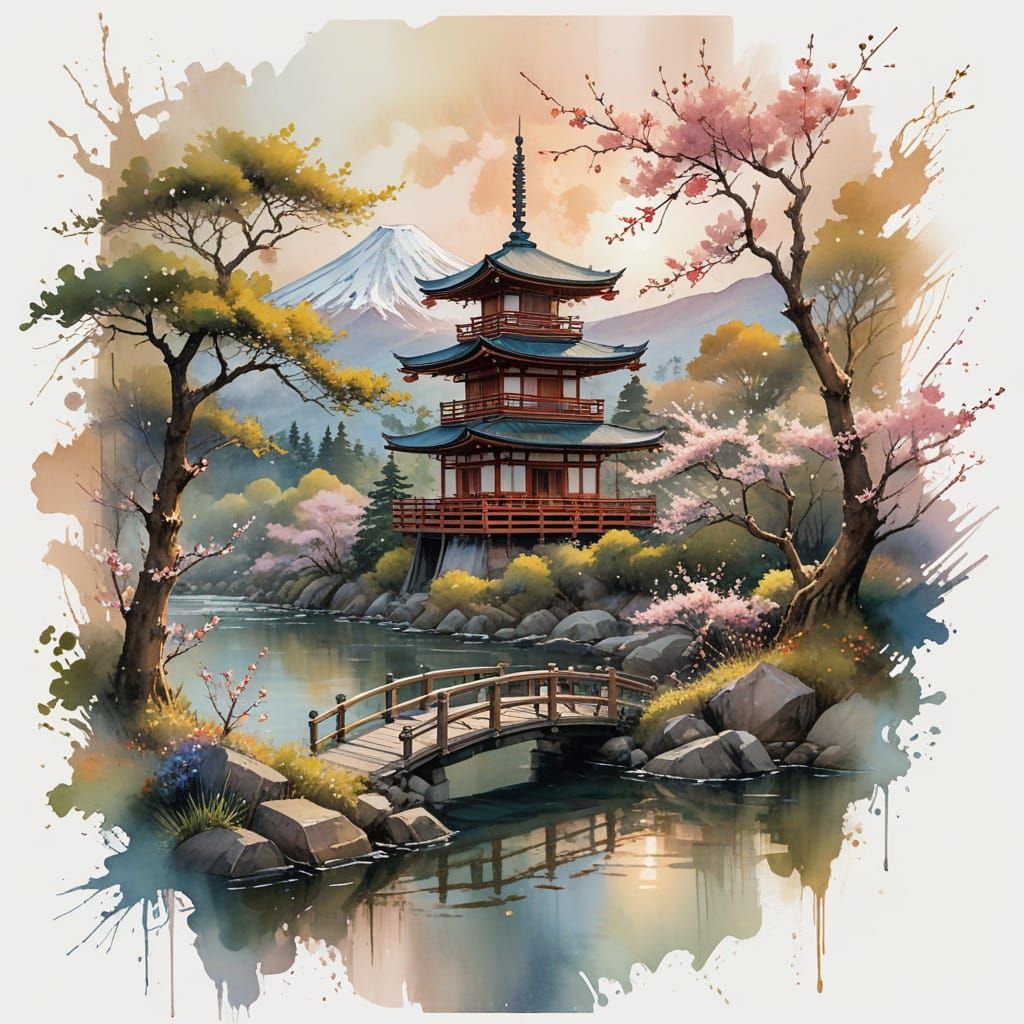 Timeless River Scene in Golden Light with Japanese Pagoda an...